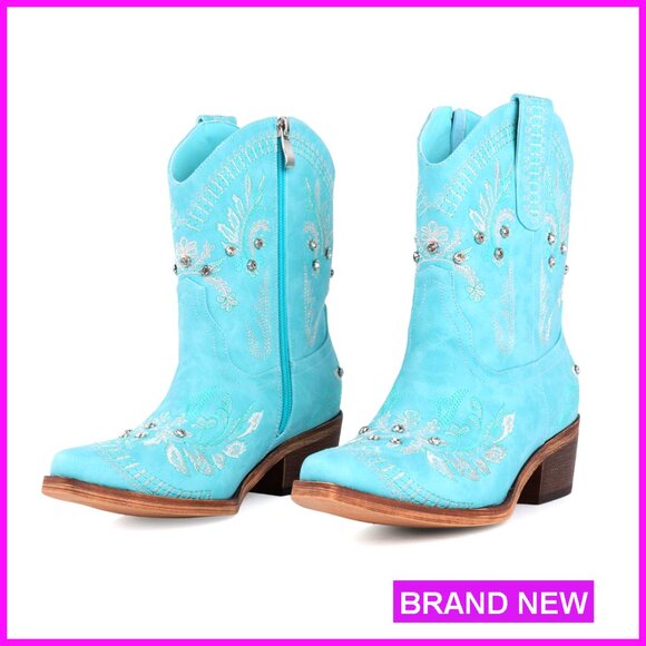 Shoes - Rhinestone Embroidered Ankle Cowboy Boots Chunky Heel Western Booties Side